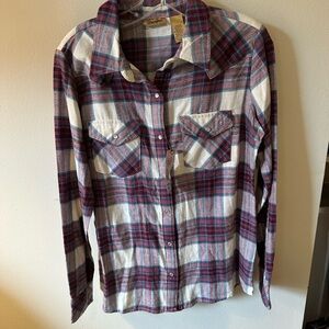 💙💜 Wrangler Women’s Blue & Purple Plaid Button-Up – Size S (NWT)